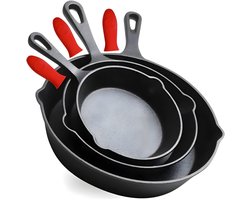 HI NATURE™ Koekenpannen - Gietijzeren Pannenset 3 - Skillet Cast Iron - Pannen Incl Siliconen Handvaten - Hapjespan - Bakpannensets - BBQ & Inductie Pan - Zwart