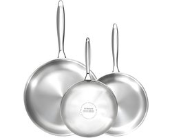 HI NATURE™ Koekenpannenset - Pannenset van 3 - Koekenpan 3-Delig - RVS - Ø 20/24/28 cm - Anti-aanbaklaag - Inductie & Alle Warmtebronnen - Roestvrij Staal - Zilver