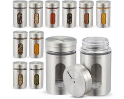 HI NATURE™ Kruidenpotjes - Kruidenpotjes rond set van 12 - Specerijen potje - Spice Jars - Premium RVS met glazen venster - kruidenpot met strooideksel - Zilver