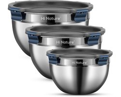 HI NATURE™ Mengkommen set 3 met Clip-on Luchtdichte Deksel - Rustvrije Staal Kommen set - Patisseriekommen - Mixkom - Beslagkommen - Mengschalen - Bakspullen - Slakom - Saladekom - Beslagkom set - Vriezer & Vaatwasserbestendig