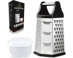 HI NATURE™ Raspen - Multifunctionele Torenrasp met Bakje - Keukenrasp met Opvangbak | 6 in 1 Handrasp met een Voorraaddoosje - Roestvast Staal Blokrasp - Gemberrasp - Kaasrasp - Citroenrasp - Dunschiller - Kaasschaaf (RVS)