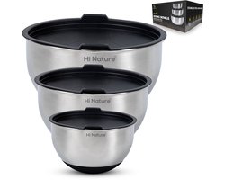 HI NATURE™ RVS Mengkommen set 3 met Luchtdichte Deksel - Roestvrijstalen kom - Kommen set | Patisseriekommen - Mixkom - Beslagkommen - Mengschalen - Bakspullen - Slakom - Saladekom | Beslagkom set - AntiSlip Bodem - Vriezer & Vaatwasserbestendig