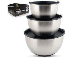 HI NATURE™ RVS Mengkommen set 3 met Luchtdichte Deksel - Rustvrije Staal Kommen set | Mixkom - Beslagkommen - Mengschalen - Bakspullen - Slakom - Saladekom | Beslagkom set - AntiSlip Bodem - Vriezer & Vaatwasserbestendig (Grijs / Zilver)