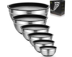HI NATURE™ RVS Mengkommen set 6 met Luchtdichte Deksel - Antislip - Roestvrijstalen kom - Kommen set | Patisseriekommen - Mixkom - Beslagkommen - Mengschalen - Bakspullen - Slakom - Saladekom | Vaatwasserbestendig - Antislip siliconen basis
