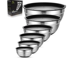 HI NATURE™ RVS Mengkommen set 6 met Luchtdichte Deksel - Antislip - Rustvrije Staal Kommen set | Patisseriekommen - Mixkom - Beslagkommen - Mengschalen - Bakspullen - Slakom - Saladekom | Vaatwasserbestendig - Antislip siliconen basis