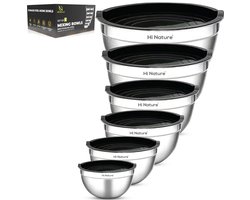 HI NATURE™ RVS Mengkommen set 6 met Luchtdichte Deksel - Roestvrijstalen kom - Kommen set | Patisseriekommen - Mixkom - Beslagkommen - Mengschalen - Bakspullen - Slakom - Saladekom | Beslagkom set - Vriezer & Vaatwasserbestendig