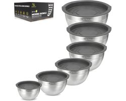HI NATURE™ RVS Mengkommen set 6 met Luchtdichte Deksel - Rustvrije Staal Kommen set | Patisseriekommen - Mixkom - Beslagkommen - Mengschalen - Bakspullen - Slakom - Saladekom | Beslagkom set - Vriezer & Vaatwasserbestendig