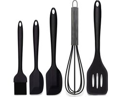 HI NATURE™ Spatel set van 5 stuks - Spatel silicone - Siliconen spatel set - Spatelset - keukengerei set - Keukenspatel | Hittebestendig - Vaatwasserbestendig | Bakspaan - Bakkwast - Garde - Pannenlikker | Anti-aanbak spatelset - keuken gerei (Zwart)