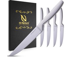 HI NATURE™ Steakmessen 4 Stuks RVS | Vleesmessen, Messenset, Keukenmessen | Steak messen set RVS Vaatwasserbestendig - 22cm - Zilver