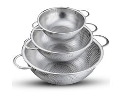 HI NATURE™ Vergieten - Vergiet RVS 3-delige set - Ø21cm/Ø28cm/Ø34cm Fijnmazig - Zeef - Roestvrij Staal - Geschikt voor het Wassen van Rijst-Groenten en Fruit | Vaatwasbestendig - Hittebestendig | Makkelijk Opbergen (Zilver)