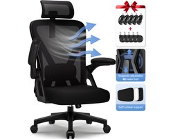 Hiaonyx Bureaustoel - ergonomische bureaustoel - bureaustoel voor volwassenen - 4D lendensteun - Opklapbare armleuningen - Vergrendelbare rugleuning - Kantelbaar tot 135° - Met stille wielen - Zwart
