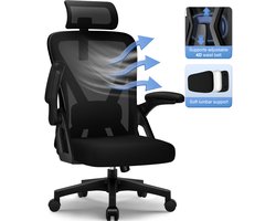 Hiaonyx bureaustoel – ergonomische bureaustoel - bureaustoel voor volwassenen - Opklapbare armleuningen – 4D lendensteun met zachte vulling – Vergrendelbare rugleuning – Max. kanteling 135° - Zwart