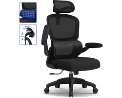 Hiaonyx Bureaustoel - Ergonomische Bureaustoel - Inklapbare Armleuningen - Verstelbare Hoofdsteun & Lendensteun - 3 Rugsteunmodi - Zwart