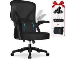 Hiaonyx Bureaustoel – Ergonomische bureaustoel met stille wielen – Bureaustoel voor volwassenen – Opklapbare armleuningen – Inclusief extra lendenkussen – Verstelbare lendensteun – Verdikt en verbreed zitkussen – Zwart