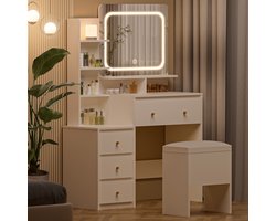 Hiaonyx Kaptafel met LED-verlichting, met spiegel, laden, open vakken, dimbare planken, modern design, geschikt voor slaapkamer,Wit (make-up spiegel, LED-verlichting, touch dimmer)-met kruk