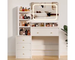 Hiaonyx Kaptafel - met LED-verlichting - met spiegel - laden - open vakken - modern design - geschikt voor slaapkamer - touch dimmer - Wit