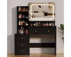 Hiaonyx Kaptafel - met LED-verlichting - met spiegel - laden - open vakken - modern design - geschikt voor slaapkamer - touch dimmer - Zwart