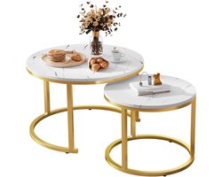 Hiazurm Salontafel - Salontafel Rond - Bijzettafel Set van 2 - Marmerlook - Metalen Frame - Moderne Salontafel - Woonkamer Tafel - Slaapkamer Tafel - Wit