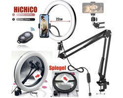 HiCHiCO® Ringlamp met tafelklem - Arm Standhouder - Tafel ringlamp met Statief Inclusief Spiegel en Bluetooth Afstandsbediening