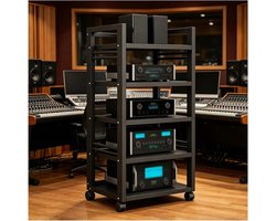 Hifi-rek Op Wielen - Mediastandaard Opbergrek - Audioapparatuur Organiseren - In hoogte verstelbare schappen - 5 legplanken - Zwart