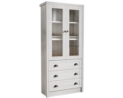 Highboard 80x34x171cm Kast Ladenkast Zij-Kast Boekenkast Natuur MDF Houtlook Glasdeur Drie Lades Koperen Handgrepen Stijlvolle Opbergruimte Voor Woonkamer Kantoor Gang