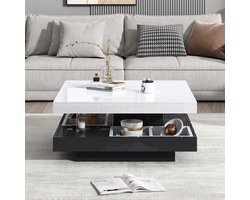 Highlighter koffietafel 70x70x36 cm - woonkamer tafel - 360° draaibaar - dubbele draaibare tafelblad met opbergruimte - wit en zwart