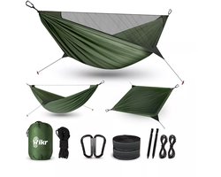 Hikr Hangmat – 2 personen – 210T Nylon – Bushcraft & Outdoor – Lichtgewicht Reishangmat – Met Klamboe & Muggennet – 200KG – Survival – Groen