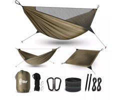 Hikr Hangmat – 2 personen – 210T Nylon – Bushcraft & Outdoor – Lichtgewicht Reishangmat – Met Klamboe & Muggennet – 200KG – Survival – Bruin