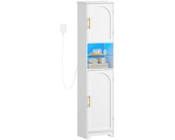 HILINSIE Badkamermeubel met LED, Grote Opbergkast Verlichting, Vrijstaande Kast met 2 Kastdeuren, Verstelbare Planken, Grote Hoekkast voor Badkamer, Woonkamer, Wasserij, Wit