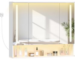HILINSIE badkamerspiegelkast met LED-verlichting, sfeerverlichting, extra LED-verlichting aan de boven- en onderkant, 3 kleurtemperaturen, dimbaar, verstelbare plank, 21 x 90 x 76 cm, wit