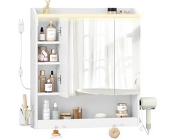 HILINSIE Badkamerspiegelkasten met Ledverlichting, Wandgemonteerde Opbergkast met 3 Spiegeldeuren en Open Compartiment, Wandgemonteerde Opbergkast, Verstelbare Planken, Wit,15 x 70 x 78,8 cm
