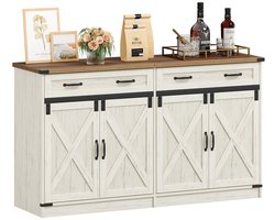 HILINSIE Dressoir, Buffetkast Met 2 Lades, Keukenkast Met 4 Deuren, Verstelbare Planken, Landelijke Stijl, Voor Keuken Of Woonkamer, 40 x 140 x 80 cm, Vintage Wit & Honingbruin
