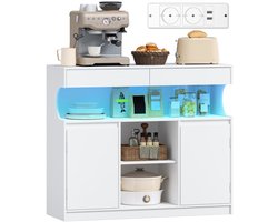 HILINSIE Dressoir, Keukenkast met Stekkerdoos en Ledverlichting, Wit