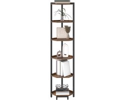 HILINSIE Hoekplankstandaard, Hoekboekenplank, Opslag Staande Plankenkast met Metalen Frame, Plantenstandaard, Hoekboekenkast voor Woonkamer, Thuiskantoor, Slaapkamer, 6-Tier Rustiek Bruin Hoekrek, boekenkast met 6 verdiepingen, staand rek, opbergrek