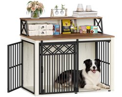 HILINSIE Hondenbench-meubel met opbergplank, binnenkennel, wit & bruin, hondenbench met 3 deuren en schuurdeur, bijzettafel, geschikt voor middelgrote/grote honden, 100 x 60 x 86 cm