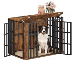 HILINSIE Hondenbench, meubel, zeer belastbaar, hondenbox van hout voor binnen, met voederdeur boven, meerdeurdesign, grote hondenkooi, bijzettafel, 108 x 66 x 77 cm, Vintage Bruin
