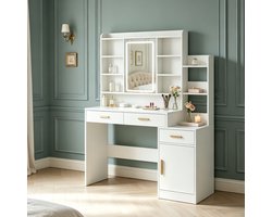 HILINSIE Kaptafel -LED-spiegel met 3 Standen - Ruim Tafelblad - Meerdere Lades - Staande Opbergkast - Wit - Make-uptafel voor Slaapkamer en Kleedkamer,39.2x 129.2x 148.2 cm,Wit
