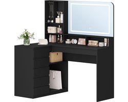 HILINSIE - Kaptafel - Make Up Tafel - Kaptafel met Spiegel en Verlichting - met Grote Spiegel en Ledverlichting - Zwart - L-Vormige Hoekkaptafel met 5 Lades - 7 Open Vakken en Haken voor Kettingen - 40 × 120 × 140 cm