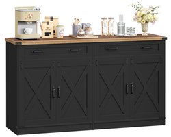 HILINSIE Keukenkast, Buffetkast Met 2 Lades, Dressoir Met 4 Deuren, Verstelbare Planken, Landelijke Stijl, Voor Keuken Of Woonkamer, 40 x 140 x 80 cm, Zwart-Honingbruin