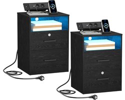 HILINSIE Nachtkastje Set van 2 met Oplaadstation, USB- en Type C-Poorten, Bijzettafel met LED-Verlichting, 1 Open vak en 2 Laden, Voor Slaapkamer, Woonkamer, Zwart