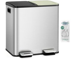 HILINSIE - Prullenbak - Prullenbak 2 Vakken - Pedaalemmer 30 Liter（2 x 15 L）- Afvalbak met Gekleurd Soft-Close Deksel en Pedaal - Keukenprullenbak met Binnenemmers - Staal - Inclusief 15 Vuilniszakken - Zilver