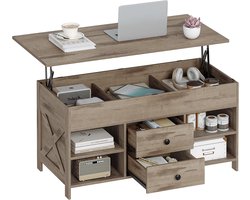 HILINSIE Salontafel, In hoogte verstelbare salontafel, 2 lades en verborgen opbergruimte met opklapbaar blad, 50 x 100 x 47,3 cm, geschikt voor woonkamer, eetkamer, camelbruin-zwart