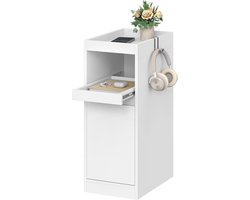 HILINSIE Smalle Nachtkastje, Klein Nachtkastje met Dienblad, Nachtkastje met 1 Deur, Bijzettafel met 2 Haken, voor Slaapkamers, Woonkamers, Modern, Wit, 35 × 24 × 64 cm