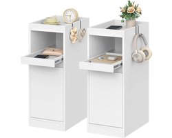 HILINSIE Smalle Nachtkastje, Set van 2, Klein Nachtkastje met Dienblad, Nachtkastje met 1 Deur, Bijzettafel met 2 Haken, voor Slaapkamers, Woonkamers, Modern, Wit, 35 × 24 × 64 cm