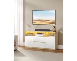 HILINSIE TV-kast met RGB LED-verlichting (25 kleuren), witte eiken kleuren, TV-kast voor tv's tot 65 inch, dressoir met laden, 3 open vakken, voor woonkamer en slaapkamer,147 x 40 x 76 cm