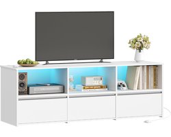 HILINSIE TV-meubel, Lowboard voor tv's tot 65 inch met RGB LED-verlichting (25 kleuren), 143,5 cm lang, TV-meubel met 3 lades, 3 open vakken voor woonkamer, slaapkamer, wit