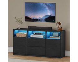 HILINSIE tv-meubel met RGB LED-verlichting (25 kleuren), zwart, tv-standaard voor tv's tot 65 inch, dressoir met lades en 3 open vakken, voor woonkamer en slaapkamer,147 x 40 x 76 cm