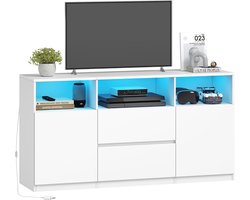 HILINSIE TV-standaard, met RGB LED-verlichting (25 kleuren) en afstandsbediening, mediaconsole met 3 lades, twee kasten en open opbergruimte, 147 x 40 x 76 cm, wit