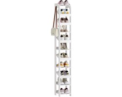 HILINSIE Verticaal schoenenrek, 11 niveaus, met haken, 25 cm breed, wit, houten schoenenorganizer voor kast/hal, schoenentoren voor kleine ruimtes, vrijstaand, verstelbaar