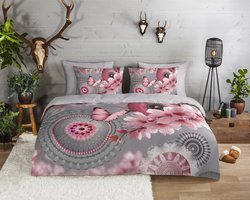 HIP dekbedovertrek bloemendesign met mandalas, bloesem en vlinder - 1 persoons 140x200/220 cm - Grijs - 100% Katoen flanel